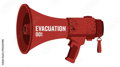 Red megaphone with "EVACUATION 001" text on white background