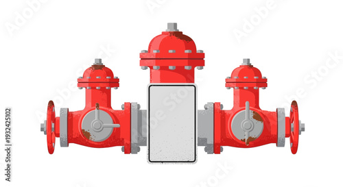 Three red fire hydrants arranged symmetrically with a blank sign in the center