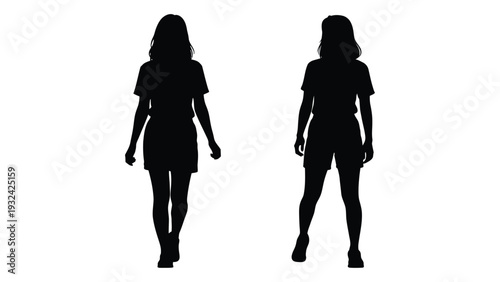 Two silhouetted women standing facing away from the viewer on a white background