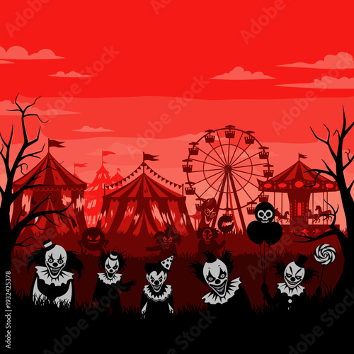Scary Horror Circus Tent Scene at Night with Clowns