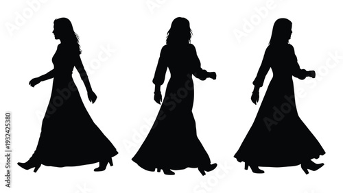 Three silhouettes of women in long dresses walking or posing