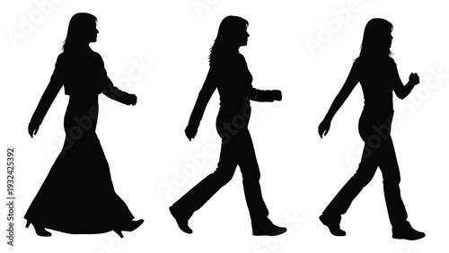 Three silhouettes of a woman walking in different poses shown in black