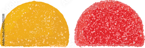 Colorful sugar coated coconut sweet halves, red and yellow traditional dessert candy isolated on white background vector illustration