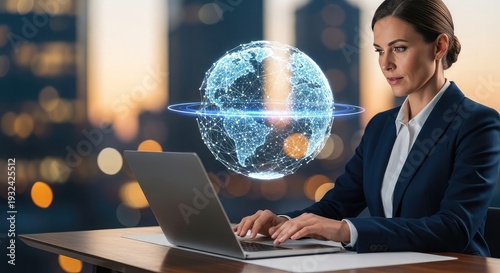 A smiling young businesswoman sits at an office desk working on a laptop, embodying professional success and modern technology while typing on her computer keyboard