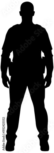 Black silhouette of a standing police officer or security guard with holsters, vector graphic isolated on white
