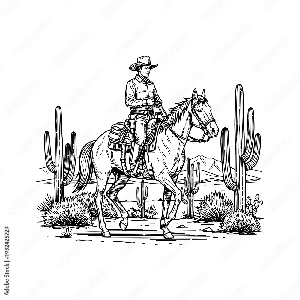 Fototapeta premium Detailed Illustration of a Cowboy Riding a Horse in Desert