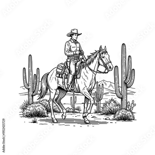 Detailed Illustration of a Cowboy Riding a Horse in Desert