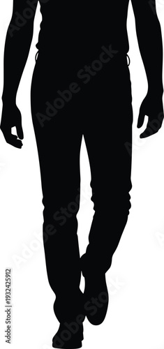 Walking person silhouette front view, casual male stride pose, black isolated vector illustration on white background