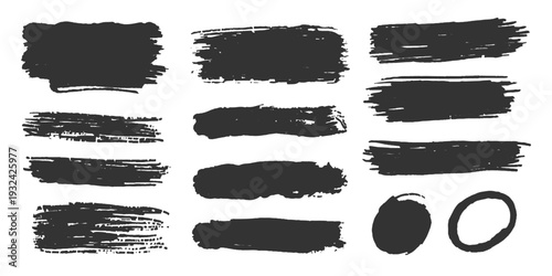 Collection of black ink grunge rubber stamps and vector paint brush stroke textures featuring artistic splash shapes and watercolor stain elements for a colorful frame pattern design