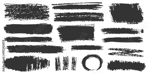 Set of black ink splashes and grunge textures featuring messy paint strokes and dirty splatter elements for a grungy vector frame design