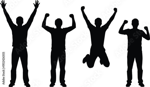 Silhouette group celebration, triumphant human figures, artistic black outline, modern minimalist design, abstract victory illustration, joyful people stock image