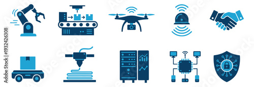 Smart industry and automation solid icon set for manufacturing, robotics, and iot technology