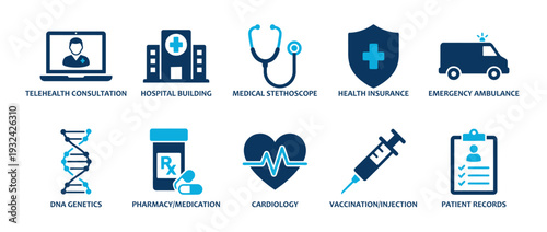 Medical and healthcare service icon set with flat vector pictograms for telehealth consultation hospital building insurance ambulance medication vaccination and patient records for wellness platforms