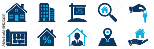 Real estate and property management solid icon set for mortgage, house search, and residential sales