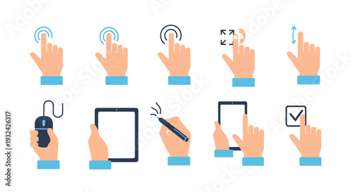 Various hand gestures and touch interactions digitally illustrated silhouette