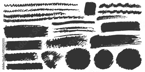 Set of black and white grunge textures featuring ink splashes and paint brush stroke elements with dirty stains and vintage frame borders for a grungy vector art design illustration pattern