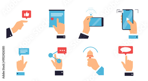 Digital interaction icons featuring hands and social media silhouette