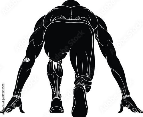 Sprinter athlete starting position silhouette, muscular male runner at start line isolated on white background vector illustration