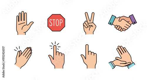 Various hand gestures and a stop sign in a colorful illustration silhouette