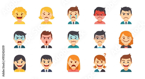 Diverse collection of illustrated faces depicting various human emotions and expressions.