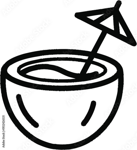 Coconut drink outline drawing, tropical beverage, umbrella, refreshment, exotic cocktail, summer drink, island refreshment, fruity beverage