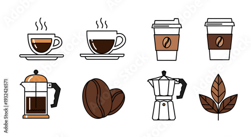 Coffee elements including cups beans and pots a flat design silhouette