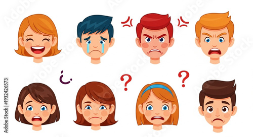 Diverse expressions of human emotions displayed by various cartoon characters.