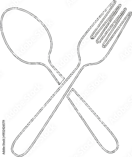 Crossed fork and spoon outline drawing, cutlery, eating utensils, kitchenware, tableware, food service, dining tools, cooking equipment