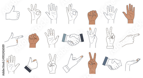 Diverse collection of hand gestures and signs colorful illustration silhouette