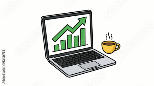 Digital business growth and productivity with a laptop displaying a positive trend analysis