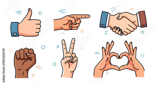 Various hand gestures and signs depicted in a colorful illustration silhouette