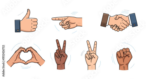 Diverse hands displaying various gestures a colorful illustration silhouette
