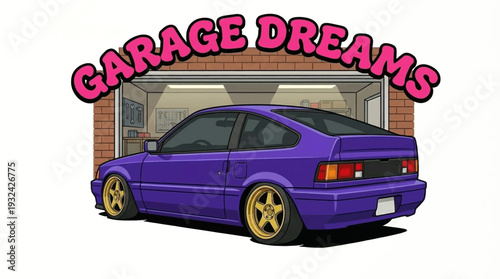 Purple sports car in a garage with Garage Dreams text overlay.