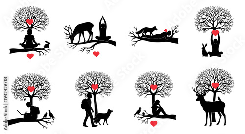 Nature and mindfulness a series of black silhouettes