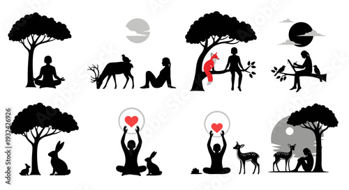 Nature and human connection illustrated with minimalist black silhouettes