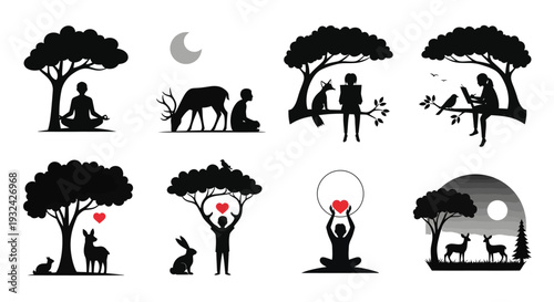 People and animals interacting beneath trees a black silhouette