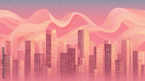 graphic vector city skyline at sunset pink pastel background, wall art