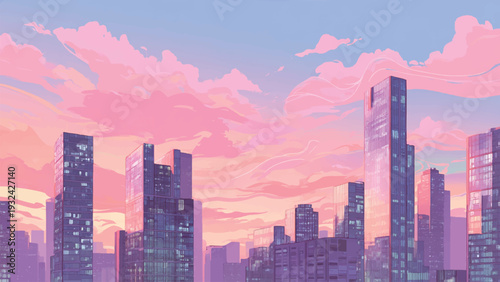graphic vector city skyline at sunset pink pastel background, wall art