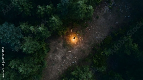 Aerial view of a solitary person with a bright light in a dark forest clearing at night