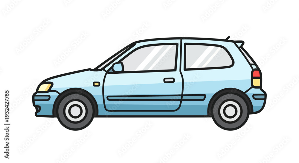 Fototapeta premium Blue hatchback car, cartoon style, isolated on white background