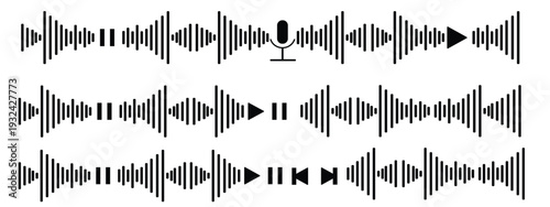 Visual representation of audio waveforms and sound waves with microphone and play icons symbolizing voice messages and recordings.
