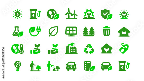 Eco lifestyle icons featuring recycling, green home, electric vehicles, and renewable energy.