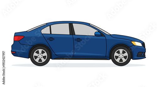 Blue sedan car, side view, isolated on white background