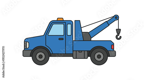Blue tow truck with hook and crane on white background, vector illustration