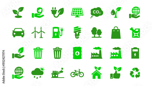 Flat green business icons with solar panels, wind turbines, eco transport, and sustainability symbols.