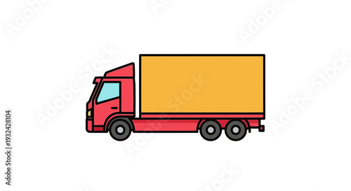 Red cargo truck with yellow trailer on white background, side view illustration
