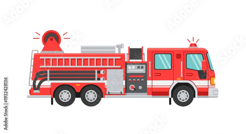 Red fire engine truck with ladder and hose, isolated on white background.