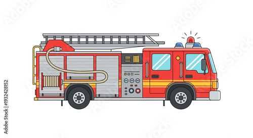 Red fire truck with ladder and equipment, flat design illustration