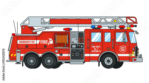Red Fire Truck with Ladder, Emergency Vehicle Illustration