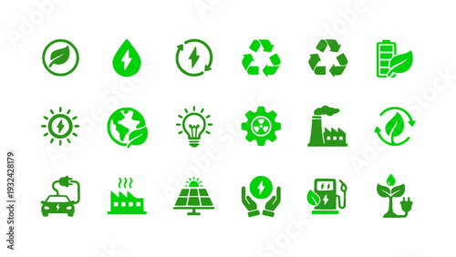 Green renewable energy icons with recycling arrows, leaf symbols, factory, and solar power.